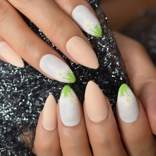 28pcs Beige White Fake Nails Press On Blossom Fingertip Flowers False Nails Matte Almond Shape Fresh Nail Art Designer