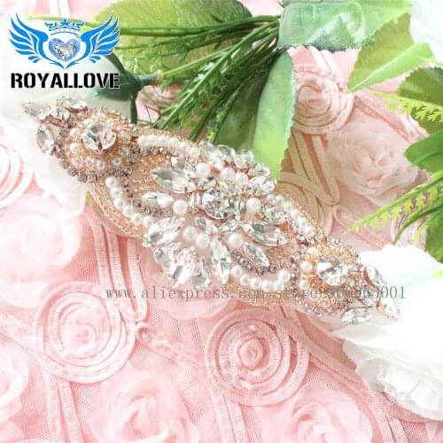 5pcs/lot High Quality Luxury iron on rhinestone dance appliques Rose Gold crystal applique for Wedding Dresses Bridal Sash Trim