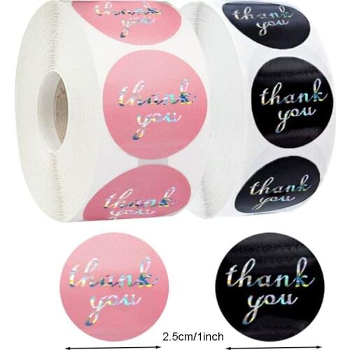 500Pcs Laser Thank You Stickers Round Adhesive Label Small Business Sticker Pink Black Gift Package Sealing Label Boutiques Wrap