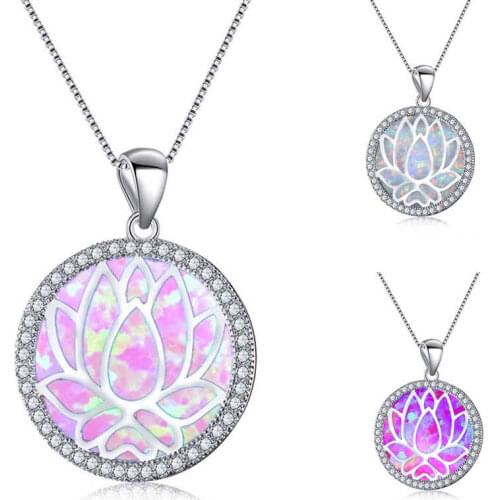 Chain Blue Pendant Lotus Necklace Hollow Opal Round Fire Fashion