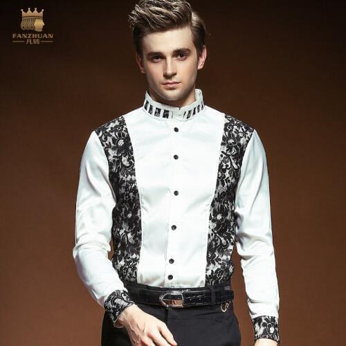 FANZHUAN Free Shipping New casual male mens designer man unique white groom wedding lace dress shirt long-sleeved shirt 14279