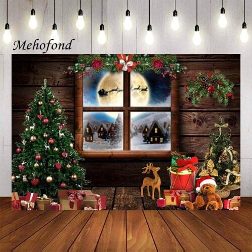 Mehofond Christmas Window Photography Background Vintage Wooden Xmas Tree Santa Claus Elk Kids Portrait Backdrop Photo Studio
