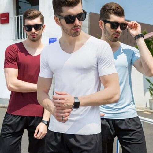 Mens Short-sleeved Ice Silk T-shirt Mens Casual Black Casual Slim V-neck Bottoming Shirt Gym Clothing