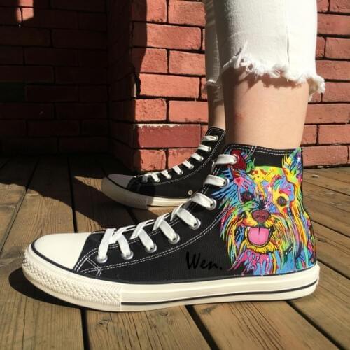 Wen Black Hand Painted Canvas Shoes Colorful Pet Dog Unique Birthday Gifts Men Womens High Top Sneakers