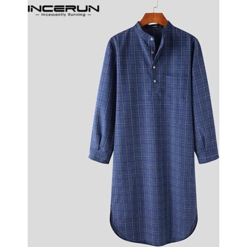 INCERUN Mens Plaid Sleep Robes Long Sleeve Stand Collar Nightgown Casual Comfy Bathrobes Male Cotton Pockets Homewear Plus Size