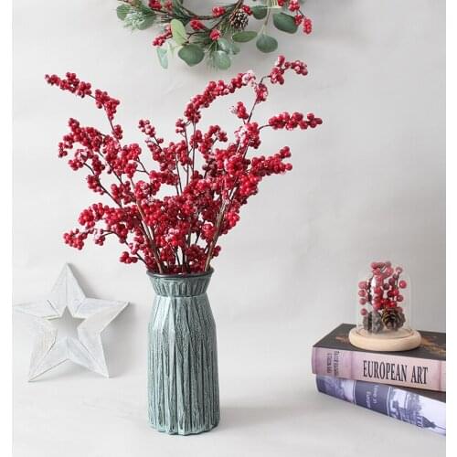 Ceramic Vase with Artificial Flowers Christmas Red Berries Fake Silk Floral Home Decorative Party Wedding Festival Holiday Craft