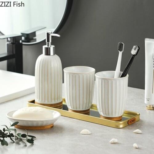 Japanese-style Ceramic Wash Kit Four-piece Suit Storage Tray Bathroom Supplies Kit Soap Dispenser and Mouthwash Cup Set