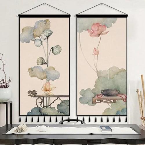 Chinese Zen Lotus Flower Scroll Painting Door Hanging Tapestry Home Decor Canvas Painting Wall Art Canvas Posters Print Picture