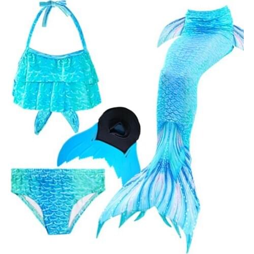 4Pcs Kids Girls child blue Bikini Set Mermaid Tail Monofin Swimmable Tail Costume tail with filpper