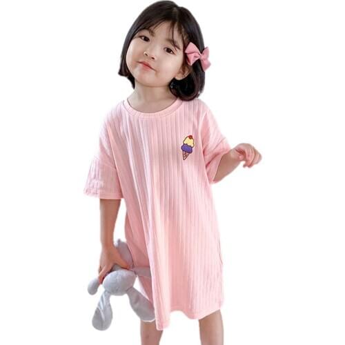 Girls Summer Home Wear Dress Fashion Ice-cream Rainbow Printed Loose Short-sleeved Sleeping Dress