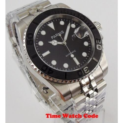 PARNIS 40mm Automatic Mens Wristwatch Black Dial SUB Sapphire glass Jubilee bracelet Date window ceramic bezel magniifer