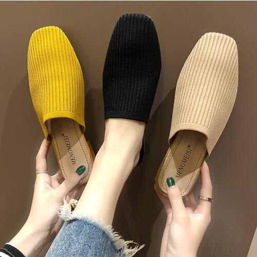 Womens shoes 2019 new summer thick with fashion square head knitted elastic low heel shoes Mules shoes