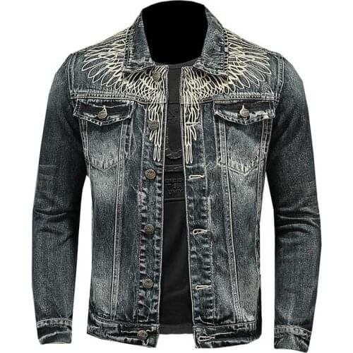 Mcikkny New Fashion Men Vinatge Embroidery Denim Jackets Washed Streetwear Jeans Outwear Size M-4XL