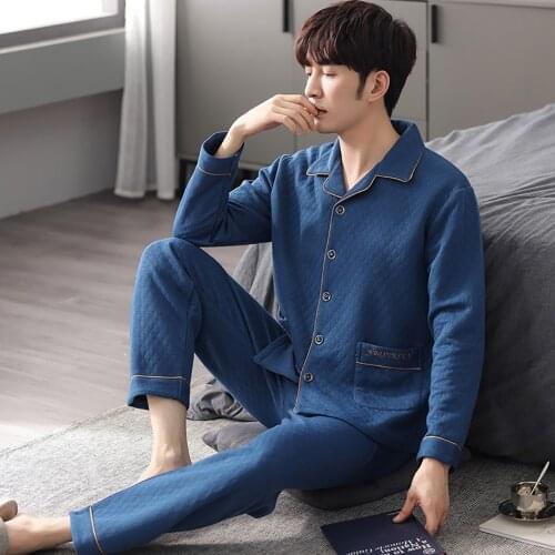 Autumn Winter Male Warm Pajamas Thickened Air Cotton Interlayer Men Pajama Sets 4XL Plus Size Pijama Casual Sleepwear Lounge Set
