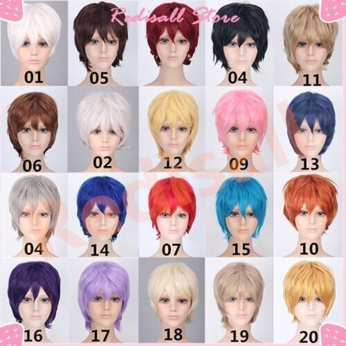 Anime Mens Short Hair Red Blue Orange Purple Golden Hair Heat Resistant Cosplay Wig Unisex for Halloween Party Role Play