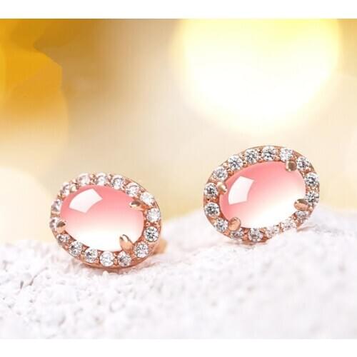 Rose Gold Color Oval Shape Natural Rose Pink Quartz Stud Earrings for Women with Rhinestone Jewelry