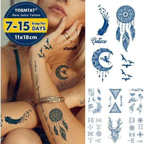 Juice Ink Tattoos Body Art Lasting Waterproof Temporary Tattoo Sticker Moon Feather Bird Tatoo Arm Fake Old School Tatto Women