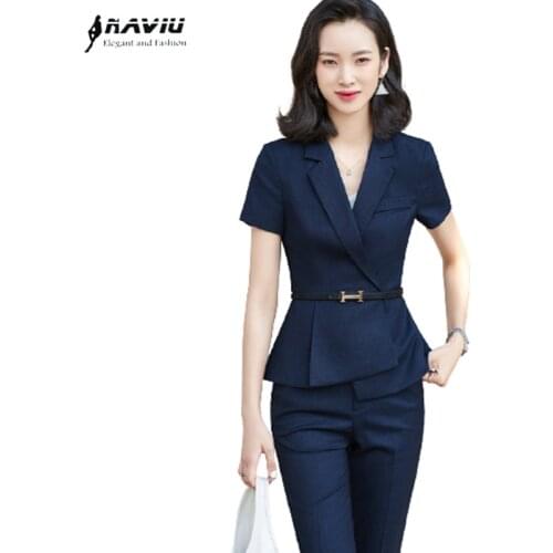 High End Short Sleeve Suits Women Summer Business Formal Navy Blue Temperament Slim Blazer And Pants Office Ladies Work Wear
