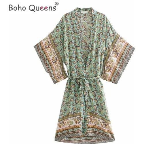 Boho Queens women florals print bat sleeve beach Bohemian Kimono dress Ladies V neck Tassel Summer Boho robe vestidos