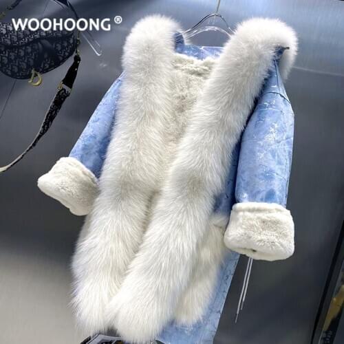 Winter Real Fur Coat Female White Snow Fox Parker Denim Jacket Rabbit Fur Liner Bat-shaped Loose Coat Embroidery Ethnic Style