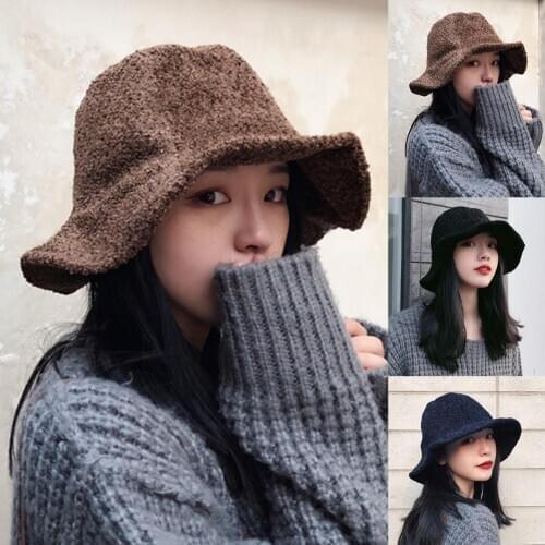 Winter Fashion Women Solid Color Wide Brim Warm Casual Woolen Bucket Hat Cap Summer Foldable Bucket Hat Sun Prevent Hats