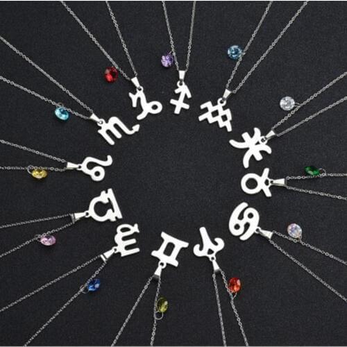 Stainless Steel Scorpio Cancer Libra Zodiac Signs Necklace with 12 Birthstone For Men/Women Birthday Gift