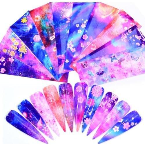 YWK 10 PCS/PACK Nail Foils Mix Flower Nail Art Sticker Holographic Starry Paper Foil Nail Gel Transfer Full Wrap Decorations