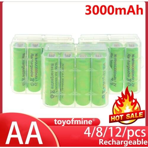 4/8/12psc AA 3000mAh 1.2V Rechargeable Battery Cell Ni-MH Green Color with Case