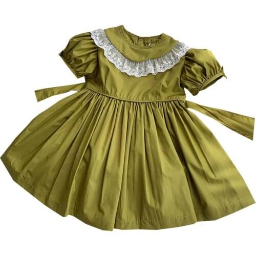Baby girl French style vintage lace stitching princess dress kids puff sleeve cute sweet birthday party dress