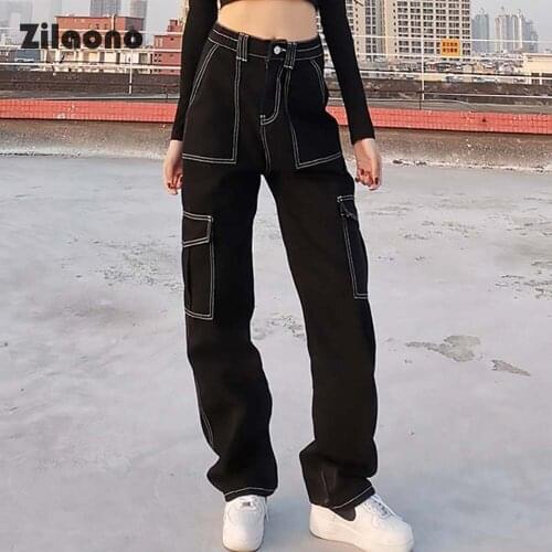 Loose More than a pocket Spliced Full Length Jeans High Waisted Patchwork Casual Trousers Button Zipper Fly Straight Pants