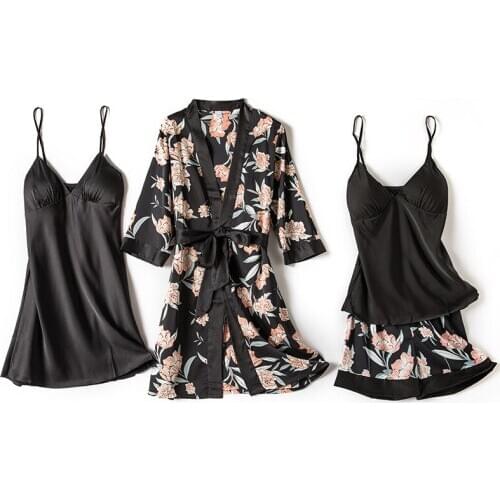 FZSLCYIYI Autumn Women Silk Pajamas Sets With Chest Pads Flower Print Pijama Sleepwear 4 Pieces set Satin Pyjamas