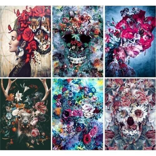 DIY Painting By Numbers skull pattern Flowers HandPainted Oil Painting Drawing On Canvas Unique Gift Home Decoration
