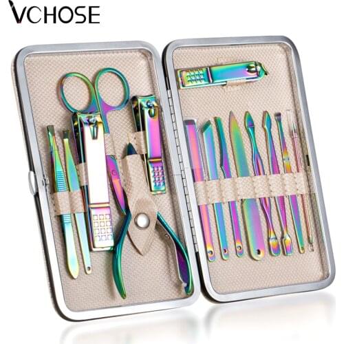 7-15 Pieces Manicure Set Nail Clippers Pedicure Stainless Steel Rainbow Nail Cutter Scissor Household Nail kit Professional Set
