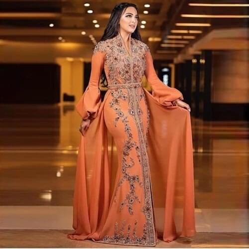 Moroccan Kaftan Caftan Muslim Evening Dresses Mermaid V-neck Chiffon Appliques Beading Dubai Arabic Turkey Abaya Islamic Gown