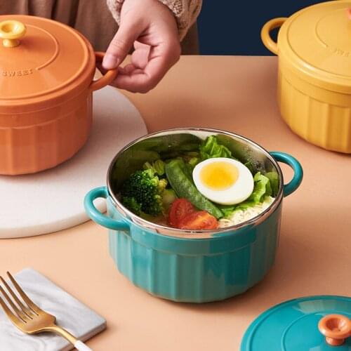 Instant Noodle Bowl With Lid Spoon Stainless Steel Large Capacity Bowl Fruit Salad Soup Double-walled Bowls Kitchen Tableware