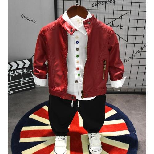 Boys Fashion Solid Color Faux Leather Thick Fleece Winter Leather Jacket Casual Jacket Coats