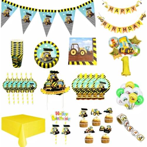 Cartoon Tractor Theme Disposable Tableware Vehicle Excavator Balloon Birthday Party Baby Shower Decorations Supplies