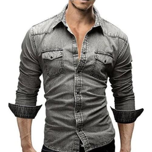 Mens Denim Shirt Tops Casual Shirts Slim Fit Long Sleeve M5