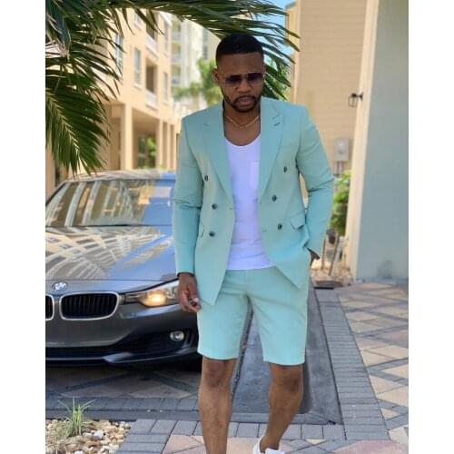 2021 New Slim Mens Short Suits 2 Piece Beach Groomsmen Wedding Tuxedos For Party Men Formal Prom Suit (Jacket+Pants) Streetwear