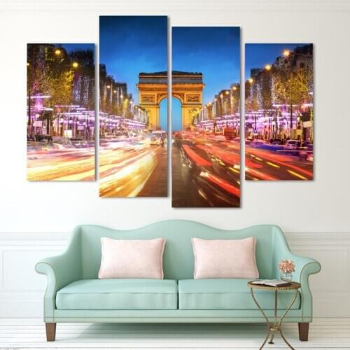 4 Piece Night Landscape of The Triomphe In Paris Wall Art Picture Modern Home Decor Living Room Canvas Print