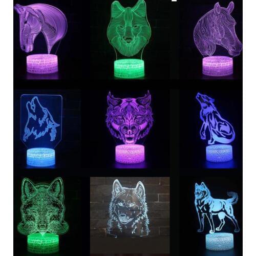 Cracked base table lamp wolf head Christmas decorative lights horse 7 color change Moderne Desk Lamp decoration 3D night light