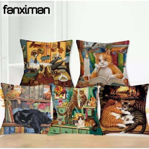 Cushion Case Lovely Cat Oil Painting Cushion Cover Linen Cojines Square Home Decor Throw Pillowcase Almofadas Sofa Couch Office