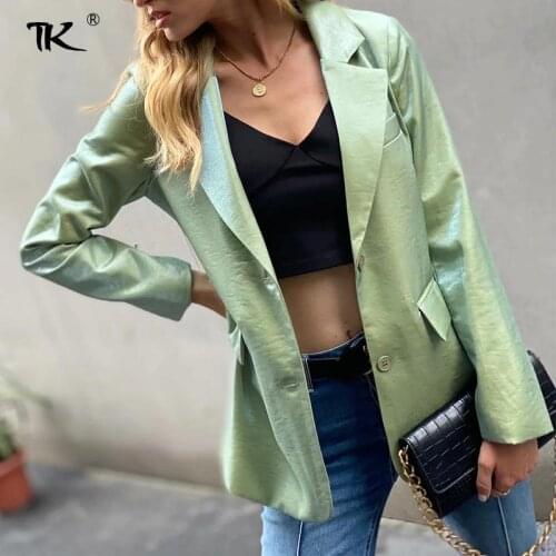 Solid Womens Blazers Green Notched Long Sleeve Blazer Slim Single Breasted Tops Elegant Casual Office Ladys New Fashion 2021