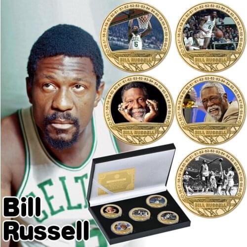 Bill Russell Gold Plated Commemorative Coins Set with Coin Holder US Basketball Legend MVP Challenge Coin Sports Souvenir Gifts