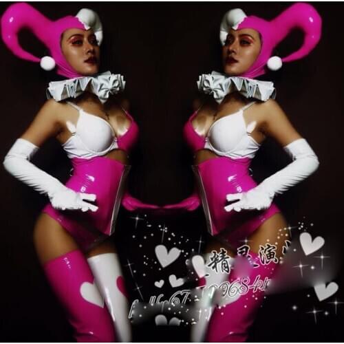 Pink Clown stage costume Halloween amusement park performances clown bikini horns headdress sexy gogo bar wear