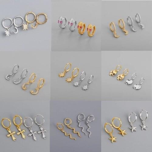 925 Sterling Silver Star Cross Snake Hoop Earrings For Women Girls Party 2021 New Jewelry Accessories A017