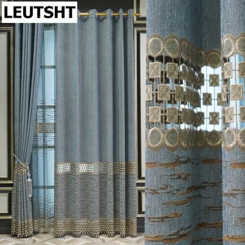 Stitching Blue Lace Bottom Window Drapes for Bedroom Luxury Geometric Hollow Out Embroidery Curtains for Living Room
