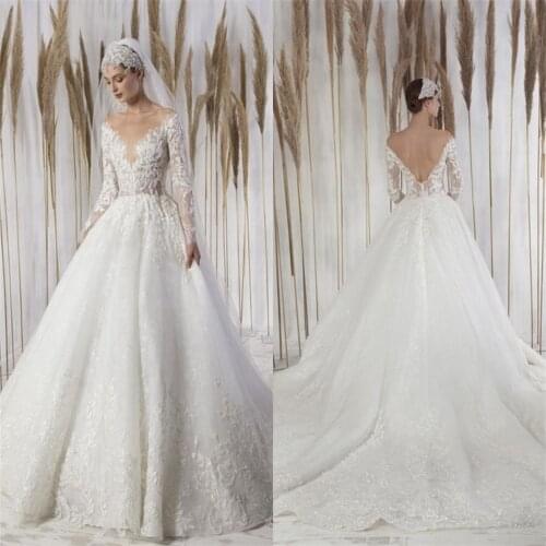 2021 Long Sleeve Wedding Dresses Elegant V Neck Lace Applique Bridal Gowns Custom Made Backless Sweep Train A-Line Wedding Dress