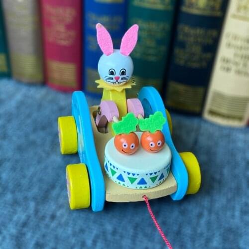 1pcs Wooden Pull Cart Toy Cute Animal Cartoon Pull Rope Trolley Rooster Bear Rabbit Frog Baby Childrens Toy Toy Vehicles