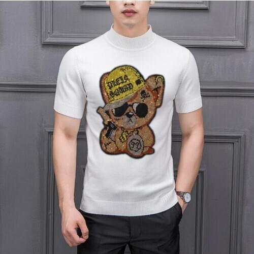 Top quality Rhinestones short sleeve Ca Thin design Autumn Mens Slim Fit Pullover Sweaters Male Diamond stone Color O-Neck